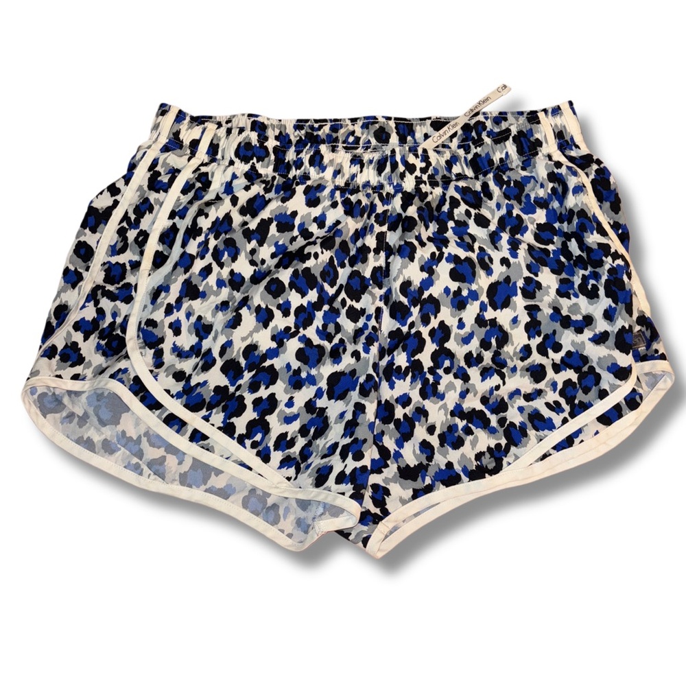 Y2K Calvin Klein Blue and Black Leopard Print Athletic Shorts, Size L